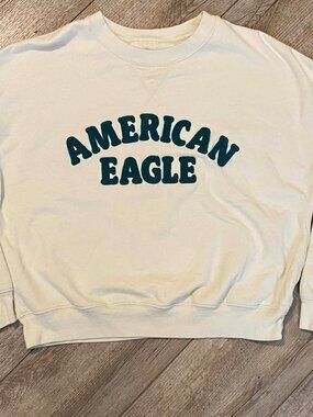 Women’s Sweater, American Eagle Light Tan/Cream Crewneck with Green Accent